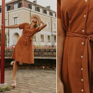 Roolee Button Belted Short Sleeve Burnt Orange Brown Gingham Print Dress